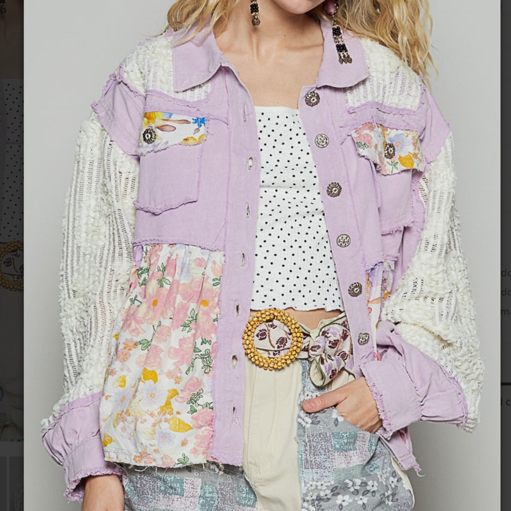 POL Lavender and Cream Patchwork Jean Jacket